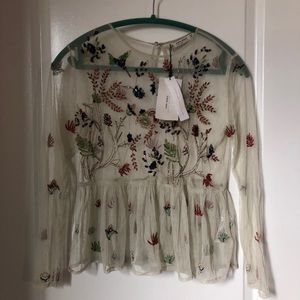 XS Zara Beige Beaded and Embroidered Mesh Top